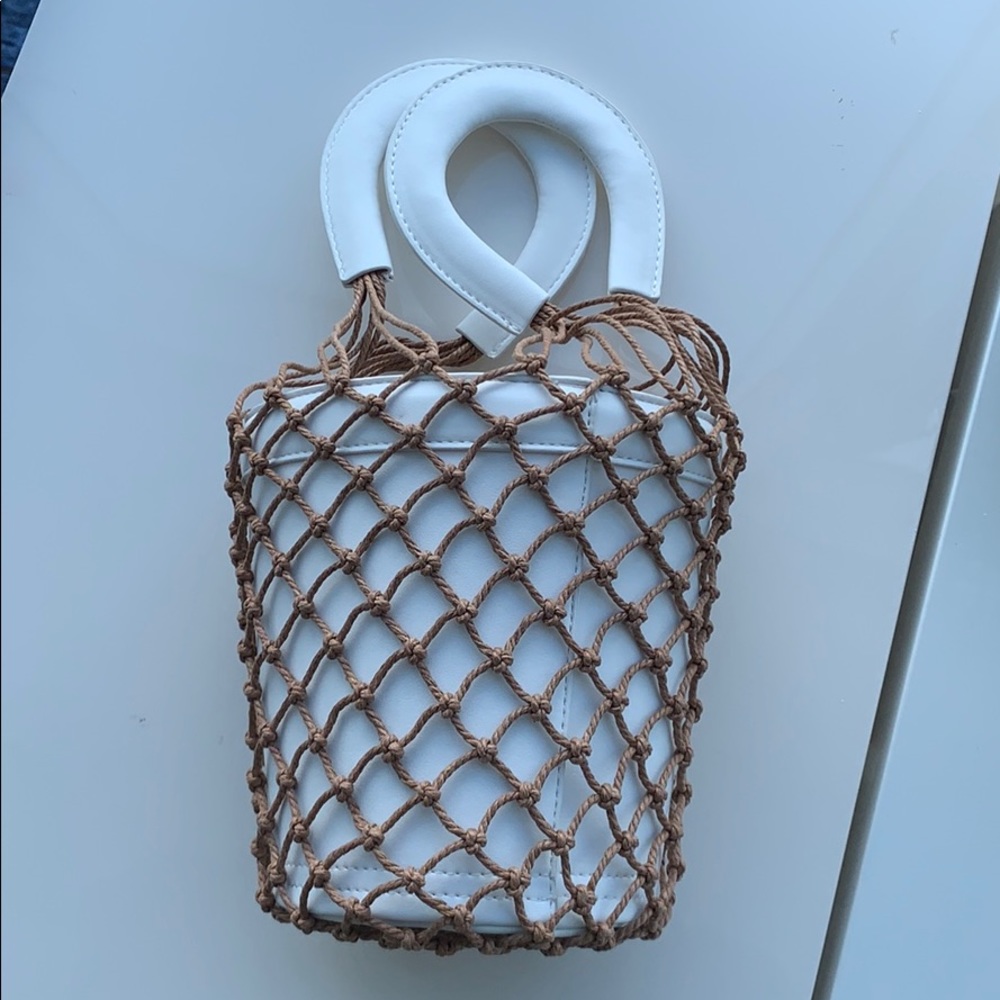 White leather netted bucket bag